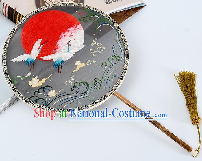 China Handmade Mottled Bamboo Palace Fan Classical Grey Silk Fan Traditional Embroidered Crane Circular Fan