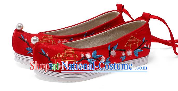 China Ancient Bride Shoes Traditional Wedding Hanfu Shoes Embroidered Red Satin Shoes