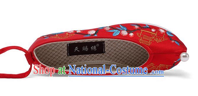 China Ancient Bride Shoes Traditional Wedding Hanfu Shoes Embroidered Red Satin Shoes