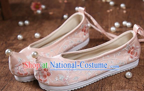 China Embroidered Peony Pink Cloth Shoes Ancient Princess Hanfu Shoes Traditional Ming Dynasty Shoes