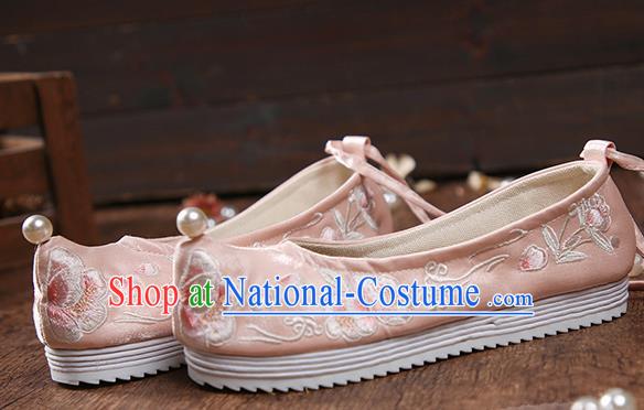 China Ancient Princess Pink Cloth Shoes Traditional Ming Dynasty Embroidered Peony Hanfu Shoes National Women Shoes