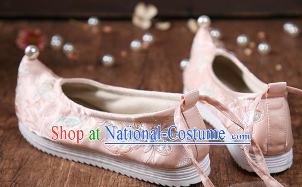 China Embroidered Hanfu Shoes Traditional Ming Dynasty Princess Shoes National Women Pink Cloth Shoes