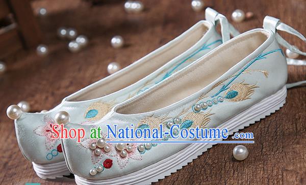 China Traditional Hanfu Pearls Shoes Embroidered Peach Blossom Green Satin Shoes Ancient Ming Dynasty Princess Shoes