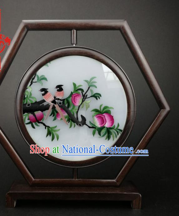 China Handmade Embroidery Peach Hexagon Desk Screen Furniture Wenge Table Screen