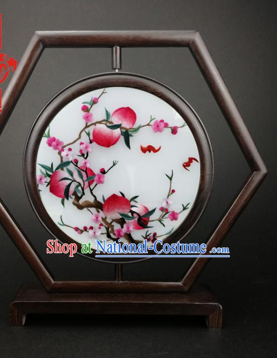 China Wenge Table Screen Handmade Embroidery Peach Flowers Hexagon Desk Screen Furniture