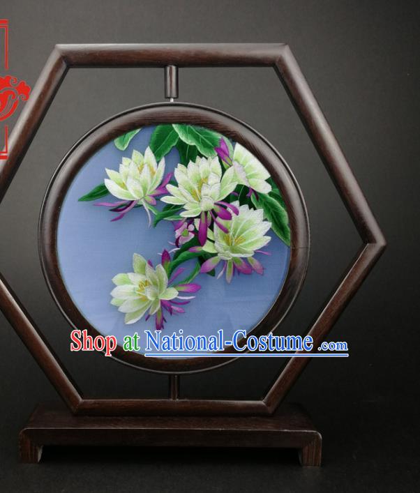 China Furniture Wenge Hexagon Table Screen Handmade Embroidery Epiphyllum Desk Screen