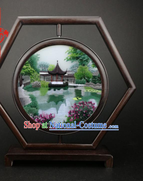 China Wenge Hexagon Table Screen Handmade Embroidery Mid Lake Pavilion Desk Screen Traditional Furniture