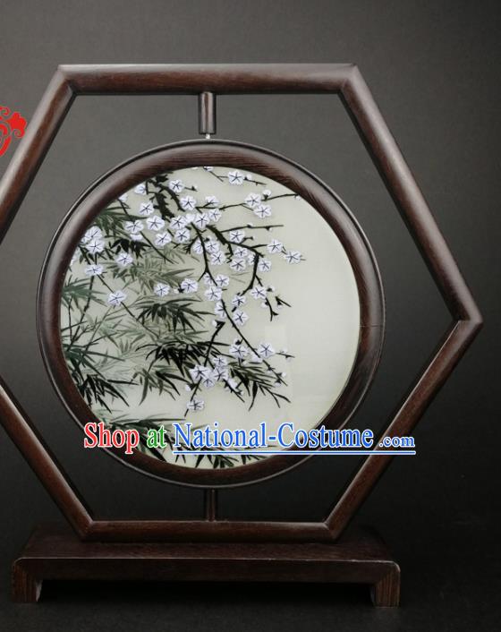 China Handmade Embroidery Plum Bamboo Desk Screen Traditional Furniture Wenge Hexagon Table Screen