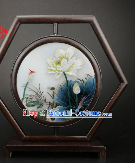 China Traditional Furniture Wenge Hexagon Table Screen Handmade Embroidery Lotus Desk Screen