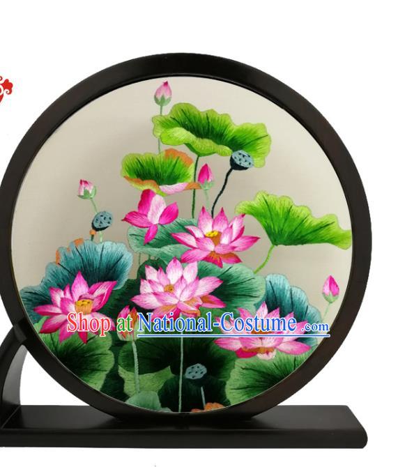 China Traditional Round Blackwood Table Screen Furniture Handmade Suzhou Embroidery Lotus Desk Screen