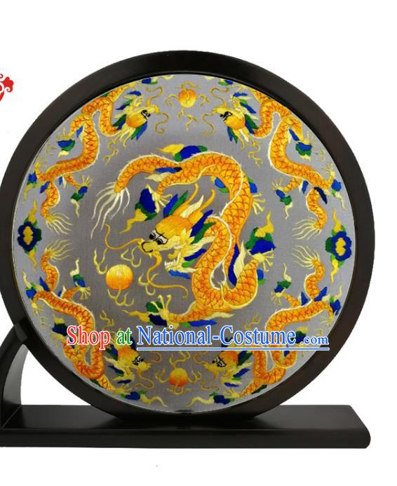 China Traditional Suzhou Embroidery Dragon Desk Screen Round Blackwood Table Screen