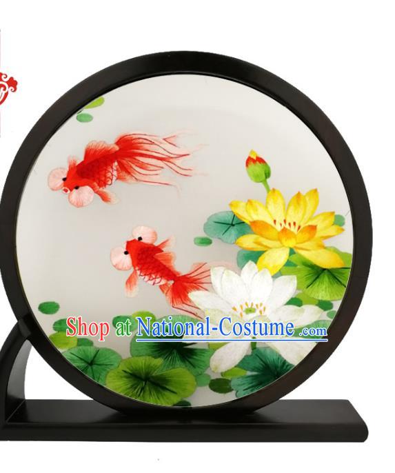 China Blackwood Round Table Screen Traditional Suzhou Embroidery Lotus Goldfish Desk Screen