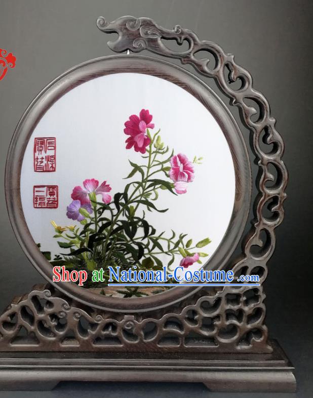 China Wenge Carving Dragon Table Screen Traditional Suzhou Embroidery Flowers Desk Screen