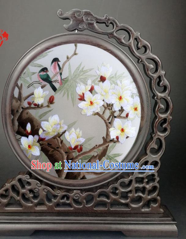 China Traditional Suzhou Embroidery Mangnolia Desk Screen Wenge Carving Dragon Table Screen