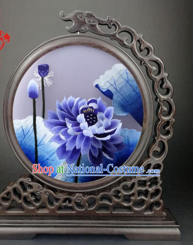 China Handmade Wenge Screen Gifts Panel Traditional Suzhou Embroidery Blue Lotus Table Screen