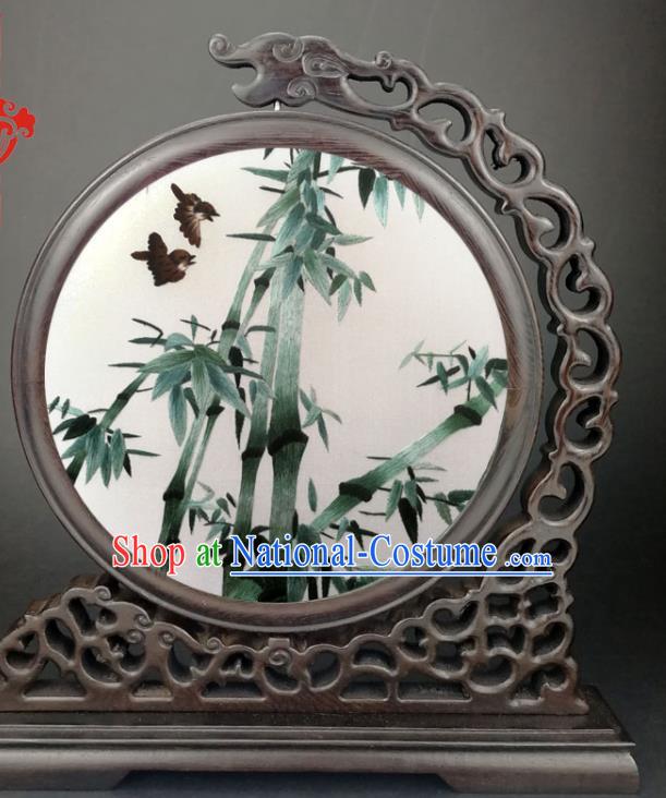 China Handmade Panel Craft Wenge Screen Traditional Suzhou Embroidery Bamboo Table Screen