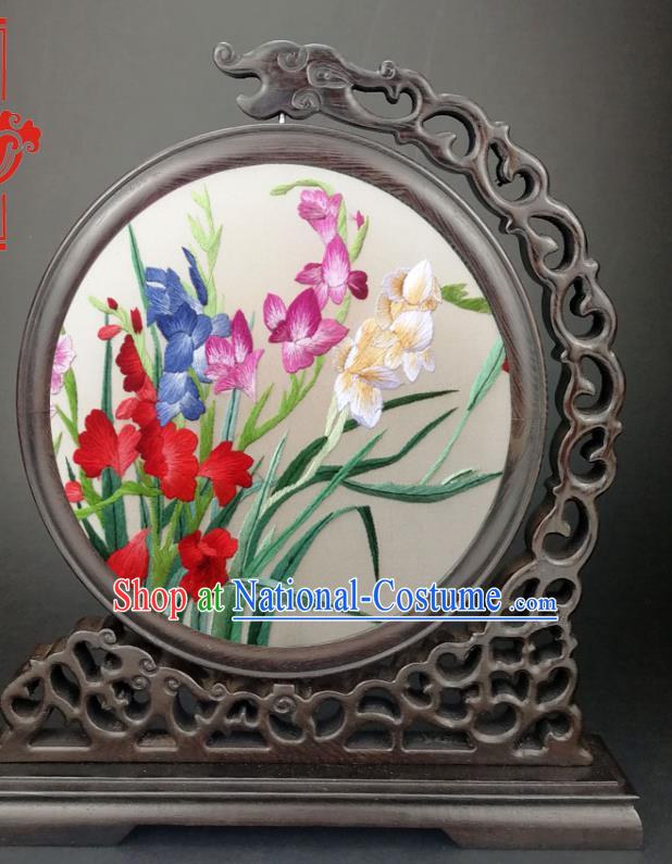 China Traditional Suzhou Embroidery Craft Handmade Embroidered Orchids Wenge Table Screen