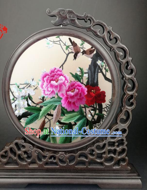 China Handmade Embroidered Peony Plum Wenge Table Screen Traditional Suzhou Embroidery Craft