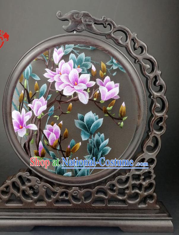 Chinese Traditional Wenge Screen Suzhou Embroidered Mangnolia Table Screen