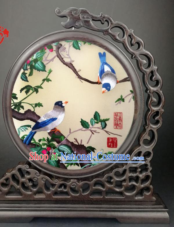 Chinese Handmade Double Side Beige Silk Screen Suzhou Embroidered Table Screen Traditional Wenge Screen