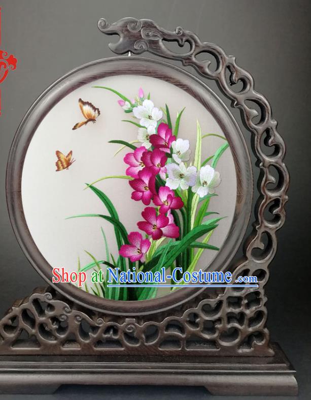 Chinese Traditional Suzhou Embroidered Orchids Table Screen Handmade Wenge Screen