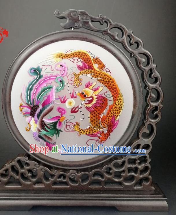 Chinese Suzhou Embroidered Dragon Phoenix Table Screen Traditional Wenge Carving Little Furniture