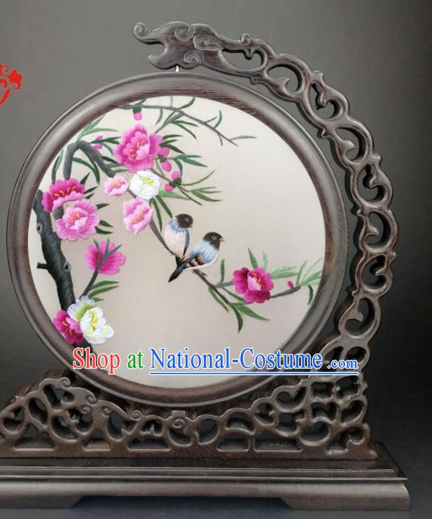 Chinese Suzhou Embroidered Begonia Desk Decorative Screen Traditional Wenge Table Top Screen