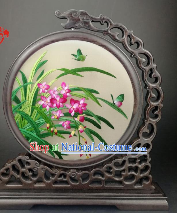 Chinese Traditional Wenge Table Top Screen Suzhou Embroidered Orchids Desk Decorative Screen