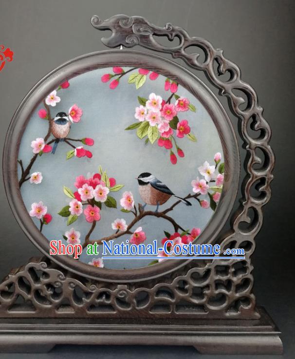 Chinese Double Side Embroidered Plum Blossom Desk Decorative Screen Traditional Wenge Carving Table Top Screen