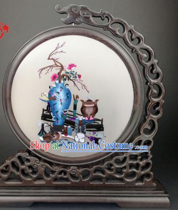 Chinese Double Side Embroidered Desk Screen Traditional Wenge Table Decorative Screen