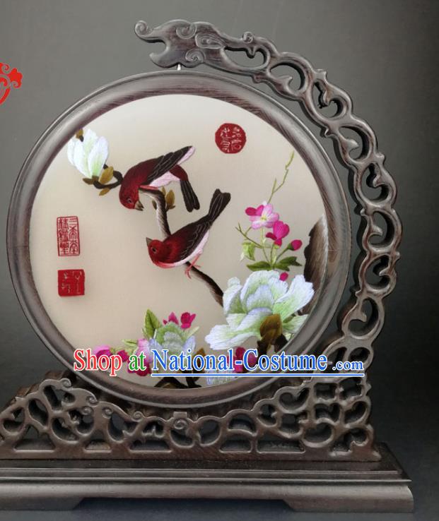 Chinese Traditional Wenge Table Decorative Screen Double Side Embroidered Mangnolia Birds Painting Desk Screen