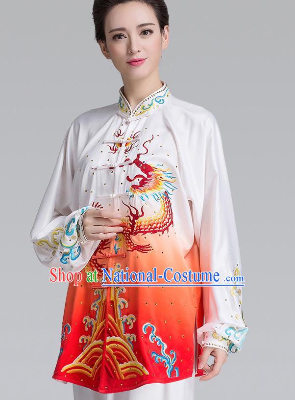 China Traditional Martial Arts Embroidered Dragon Gradient Red Uniforms Woman Kung Fu Tai Chi Clothing