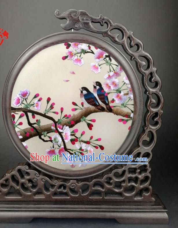 Chinese Traditional Wenge Screen Handmade Double Side Silk Screen Embroidered Begonia Table Screen