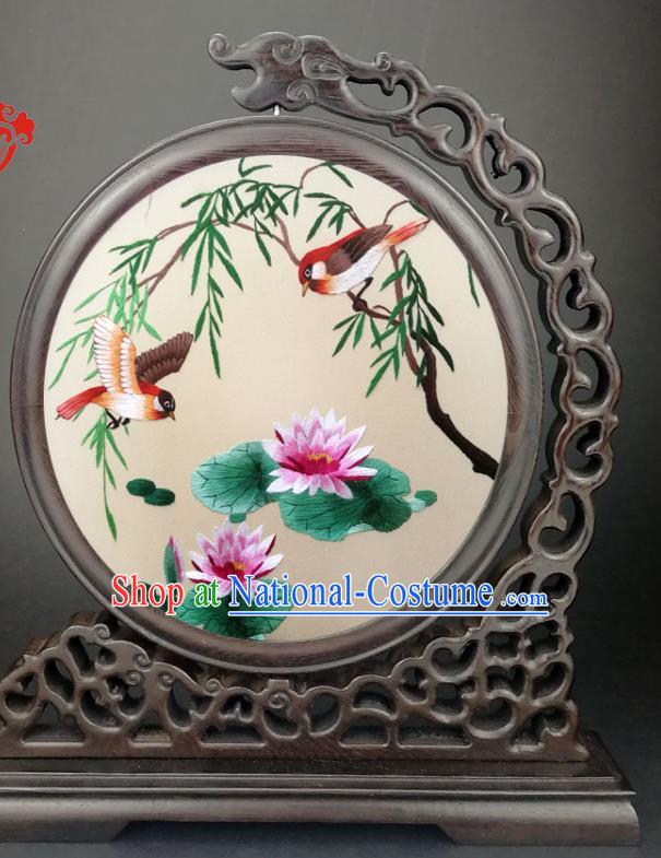 Chinese Suzhou Embroidered Lotus Table Screen Traditional Wenge Screen Handmade Double Side Silk Screen