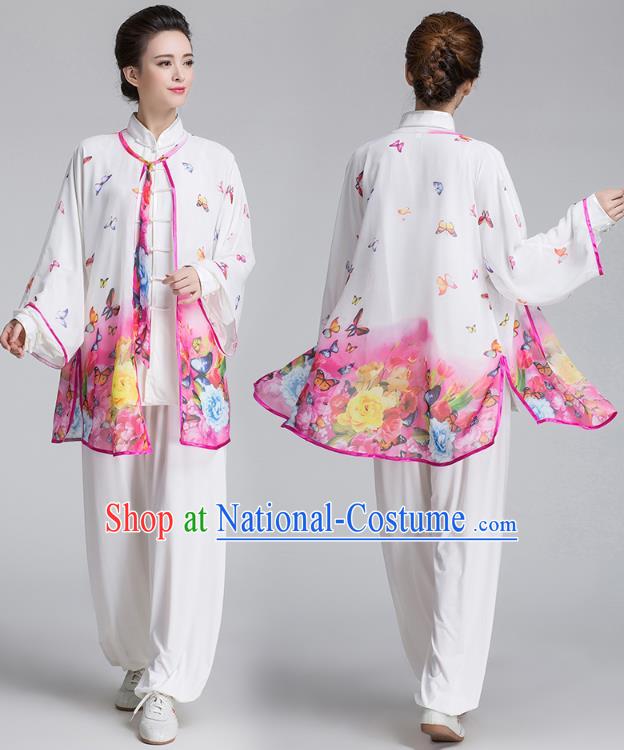 China Martial Arts Costume Traditional Kung Fu Printing Peony Pink Cape