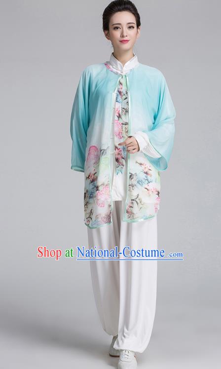 China Tai Chi Performance Costume Traditional Kung Fu Printing Flowers Light Blue Cape