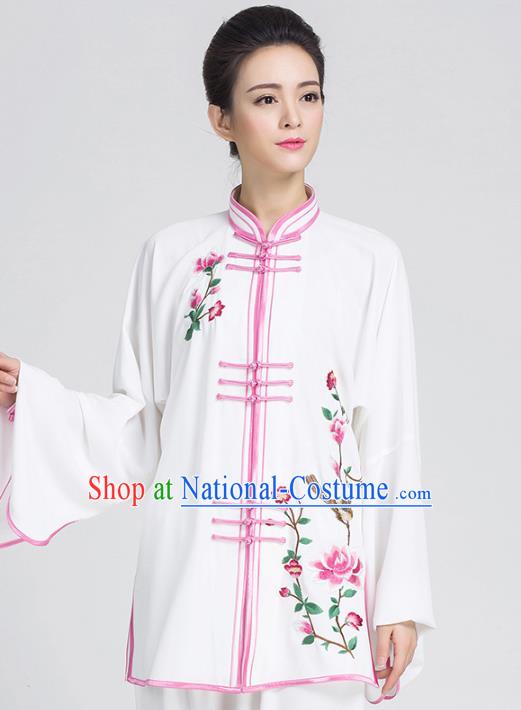 China Tai Chi Competition Costume Traditional Kung Fu Embroidered Flowers White Outfits