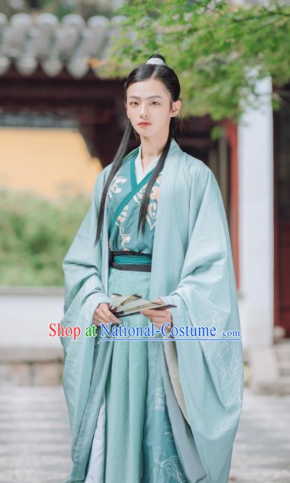 China Ancient Young Swordsman Embroidered Costumes Traditional Jin Dynasty Scholar Green Hanfu Clothing