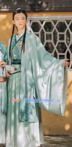 China Ancient Young Swordsman Embroidered Costumes Traditional Jin Dynasty Scholar Green Hanfu Clothing