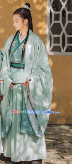 China Ancient Young Swordsman Embroidered Costumes Traditional Jin Dynasty Scholar Green Hanfu Clothing