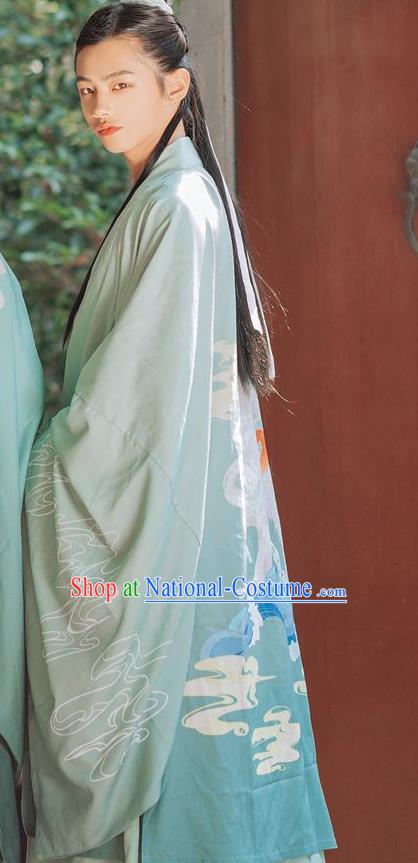 China Ancient Young Swordsman Embroidered Costumes Traditional Jin Dynasty Scholar Green Hanfu Clothing