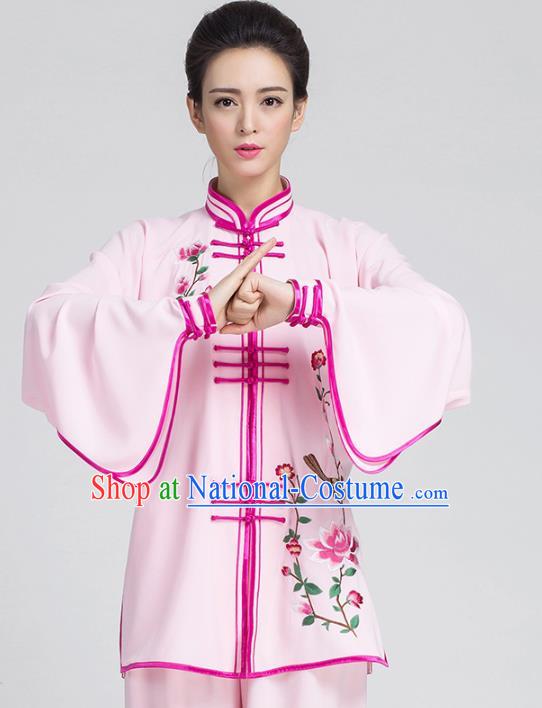 China Traditional Embroidered Flowers Pink Outfits Kung Fu Tai Chi Competition Costumes