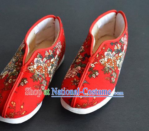 China Traditional Printing Peony Red Cloth Shoes National Winter Cotton Padded Shoes Elderly Female Shoes