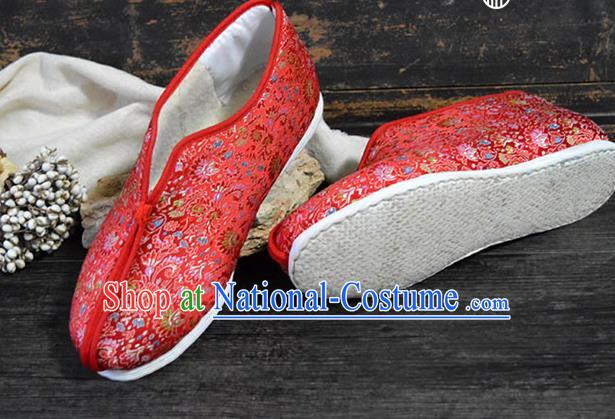 China Traditional Red Brocade Shoes National Winter Cotton Padded Shoes New Year Shoes