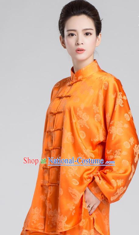 China Kung Fu Training Uniforms Traditional Martial Arts Orange Silk Apparels