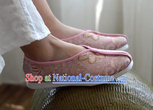 China Traditional Tai Chi Shoes National Women Cloth Shoes Pink Brocade Shoes