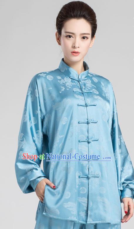 China Tai Chi Kung Fu Training Uniforms Traditional Martial Arts Blue Silk Clothing