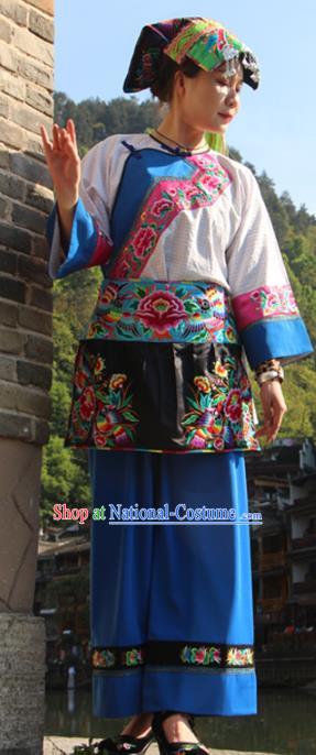 Chinese Xiangxi Hmong Ethnic Folk Dance Costumes Miao Nationality Female Informal Clothing and Hat