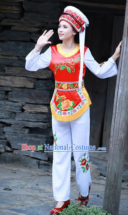 Chinese Ethnic Folk Dance Costumes Bai Nationality Young Lady Clothing and Headwear