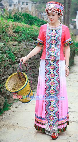 Chinese Tujia Nationality Young Woman Clothing Ethnic Folk Dance Pink Dress Outfits and Hat